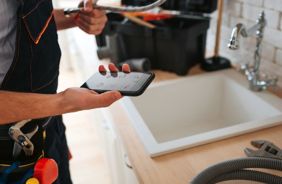A handyman professional with a phone in their hand