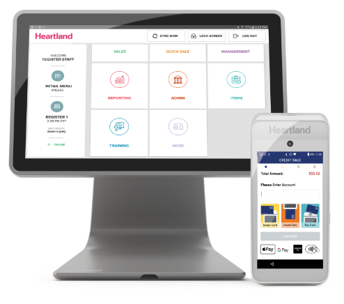 Heartland customer intelligence platform interface on a desktop screen and on a mobile device