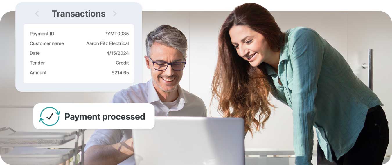 A smiling man and woman look at a laptop together with a graphic overlay on the image depicting transactions and a completed payment.
