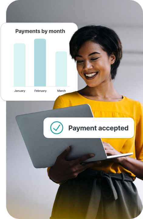 A smiling woman holds her open laptop while graphic overlays depict a graph of payments by month and information that a payment was accepted.