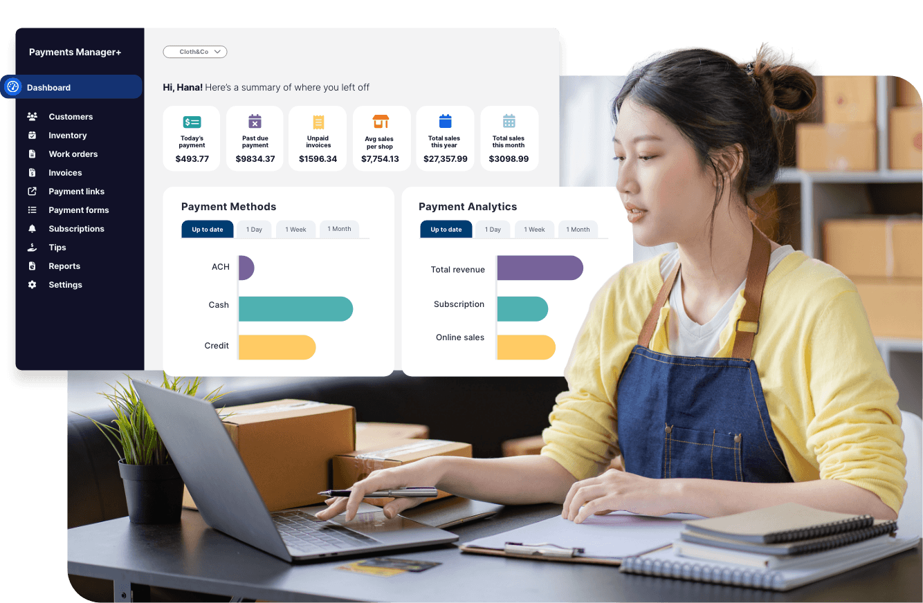 A woman sitting in a storeroom looks at a laptop, and a UI screen overlay depicts the Payments Manager+ dashboard.
