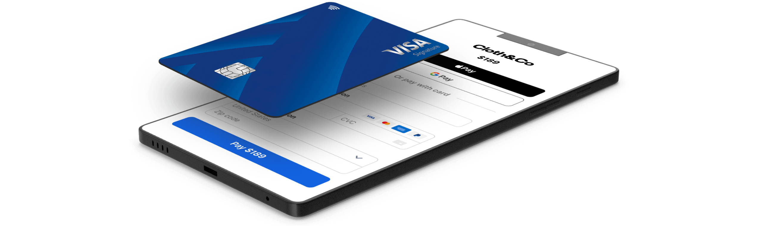 Phone on surface with a cardholder’s credit card tapping it for contactless payment.
