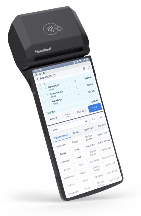 Heartland Mobile POS shows a restaurant customer’s tab and Popular Items ordering screen