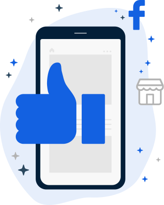 Illustration of a phone surrounded by icons used by Facebook