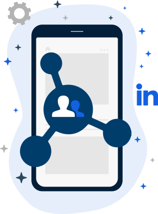 Illustration of a phone surrounded by icons used by LinkedIn