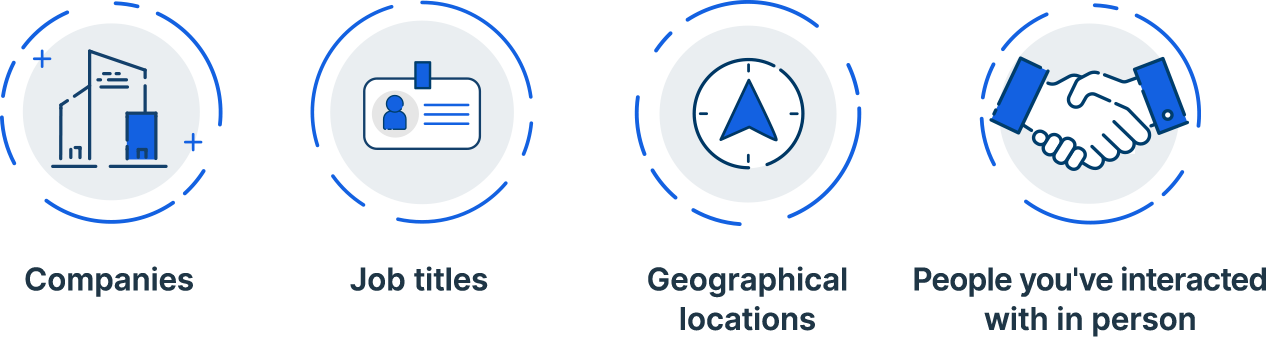 A row of icons for companies, job titles, geographical locations and people you&rsquo;ve interacted with in person