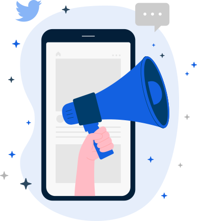 Illustration of a phone surrounded by icons used by Twitter
