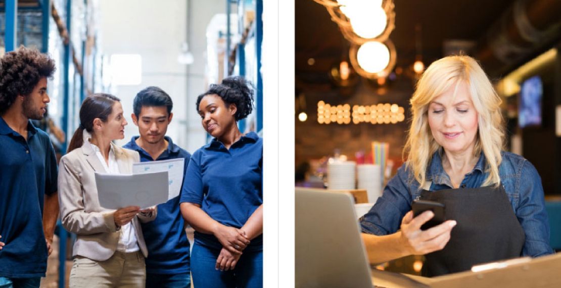 A split image with a group of people looking at papers in a woman's hand on one side, and a woman looking at her phone on the other side