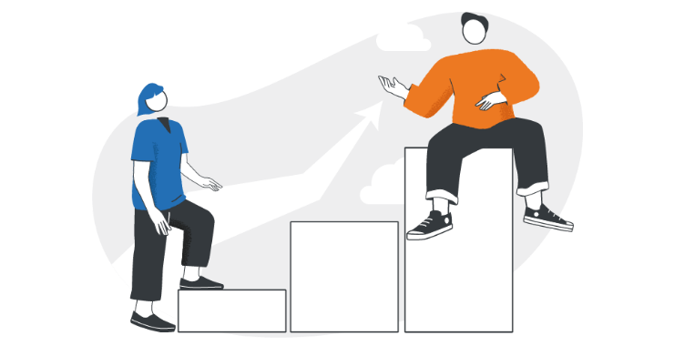 Two people with bar chart