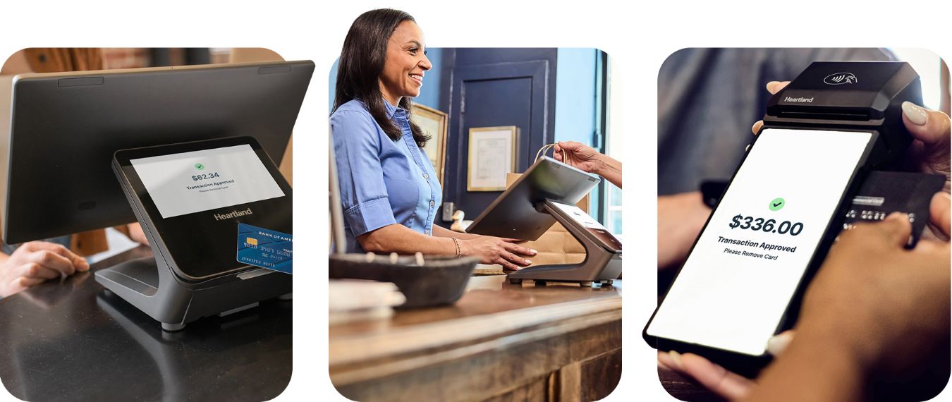 On left: Credit card transaction gets approved at countertop point of sale. Middle: Worker checks out a customer using countertop point of sale. On right: Customer inserts credit card into mobile point of sale.