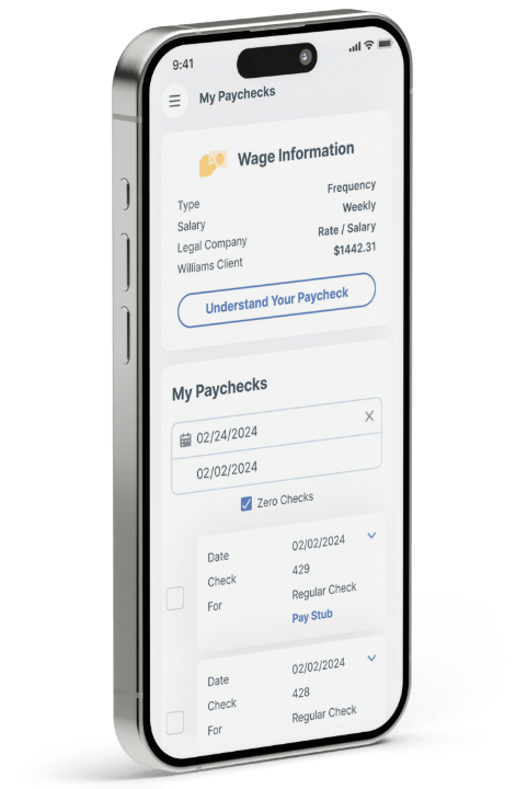 An image of a cell phone with a screen that says “Wage Information” and “My Paychecks” with fictitious details about earned wages, depicting how the payroll tool works.