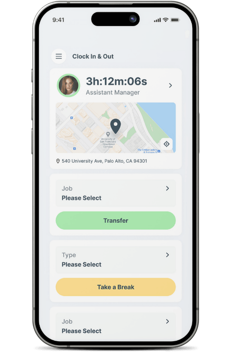 Mobile view of employee clock-in status in our timekeeping app